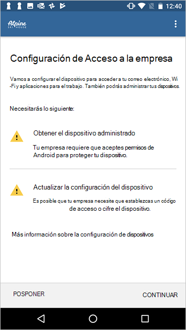 Imagen de ejemplo de la configuración de administración anterior de dispositivos Android en Portal de empresa, que muestra una lista de comprobación más ocupada.