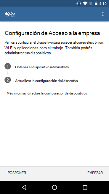 Imagen de ejemplo de la configuración del administrador de dispositivos Android en Portal de empresa, que muestra una lista de comprobación simplificada y nuevos iconos.