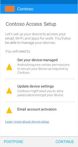 Captura de pantalla que muestra la aplicación del Portal de empresa para Android después de la actualización, pantalla Conditional Access email activation (Activación del correo electrónico de acceso condicional).