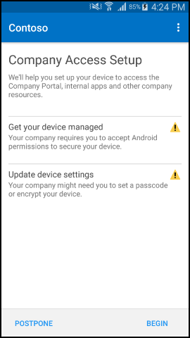 Captura de pantalla que muestra la aplicación del Portal de empresa para Android antes de la actualización, pantalla Configuración de acceso a la empresa.