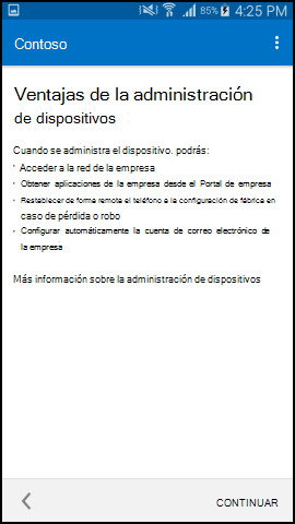 Captura de pantalla que muestra la aplicación del Portal de empresa para texto de Android después de la actualización, pantalla Benefits of device management (Ventajas de la administración de dispositivos).