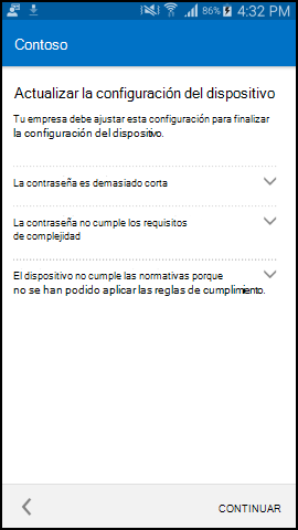 Captura de pantalla que muestra la aplicación del Portal de empresa para texto de Android después de la actualización, pantalla Actualizar configuración del dispositivo.