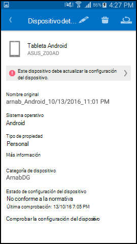 Captura de pantalla que muestra la aplicación del Portal de empresa para texto de Android después de la actualización, pantalla Detalles del dispositivo.