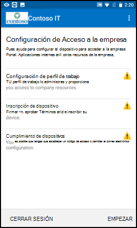 Captura de pantalla que muestra la aplicación del Portal de empresa para texto de Android antes de la actualización, pantalla Configuración de acceso a la empresa con Work Profile Setup (Configuración del perfil de trabajo).