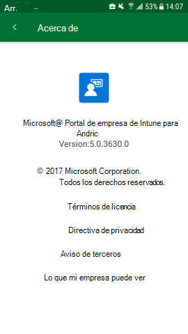 Captura de pantalla que muestra la aplicación del Portal de empresa para Android, pantalla Acerca de, actualizada.