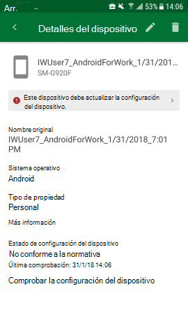 Captura de pantalla que muestra la aplicación del Portal de empresa para Android, pantalla Detalles del dispositivo, actualizada.