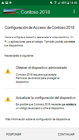 Captura de pantalla que muestra la aplicación del Portal de empresa para Android, pantalla Access Setup (Configuración de acceso), actualizada.