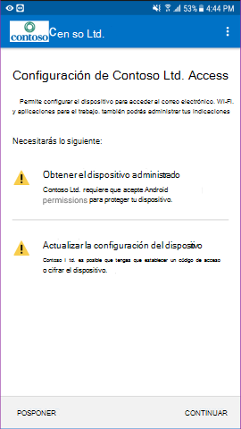 Captura de pantalla que muestra la aplicación del Portal de empresa para Android, pantalla Access Setup (Configuración de acceso).