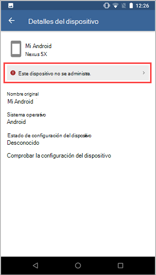 Captura de pantalla de Portal de empresa pantalla **Dispositivos** con el icono de información junto al mensaje.