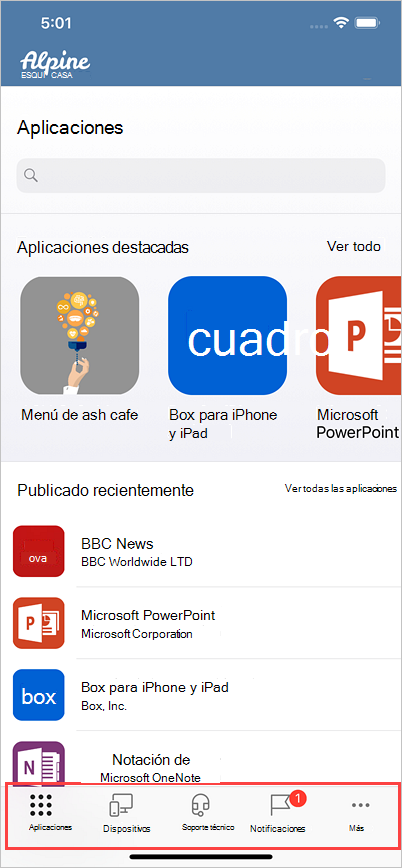 Imagen de Portal de empresa para iOS/iPadOS, con los iconos actualizados resaltados en el menú inferior.