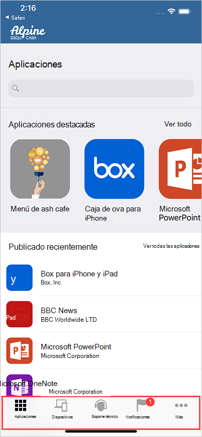 Imagen de Portal de empresa para iOS, con los iconos anteriores resaltados.