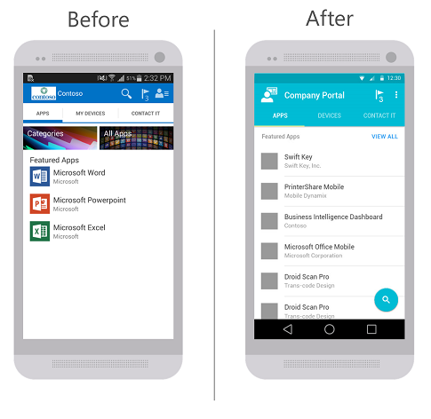 A la izquierda, una imagen de la aplicación Portal de empresa para Android antes de la actualización. A la derecha, una imagen de la aplicación Portal de empresa para Android después de la actualización. Ambas imágenes muestran la pestaña Aplicaciones como la pestaña seleccionada de las tres pestañas disponibles de Aplicaciones, Dispositivos y Ponerse en contacto con TI.