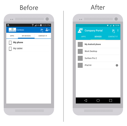 A la izquierda, una imagen de la aplicación Portal de empresa para Android antes de la actualización. A la derecha, una imagen de la aplicación Portal de empresa para Android después de la actualización. Ambas imágenes muestran la pestaña Dispositivos como la pestaña seleccionada de las tres pestañas disponibles de Aplicaciones, Dispositivos y Ponerse en contacto con TI.