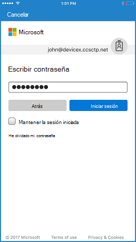 El usuario deberá escribir la contraseña una vez que se acepte la dirección de correo electrónico.