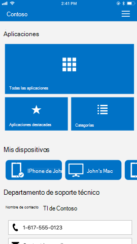 Captura de pantalla que muestra la aplicación del Portal de empresa para i O S / i Pad O S antes de la actualización, Aplicaciones y Mis dispositivos.