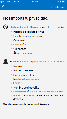 Captura de pantalla que muestra la aplicación del Portal de empresa para i O S / i Pad O S antes de la actualización, información de privacidad.