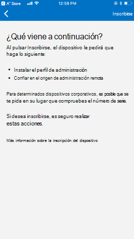 Captura de pantalla que muestra la aplicación del Portal de empresa para i O S / i Pad O S antes de la actualización, pantalla What comes next (¿Qué viene a continuación?)