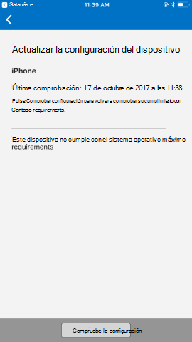 Captura de pantalla que muestra la aplicación del Portal de empresa para i O S / i Pad O S antes de la actualización, pantalla Actualizar configuración del dispositivo.