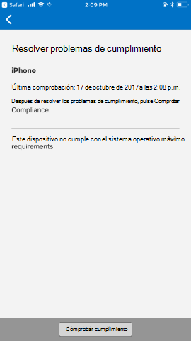 Captura de pantalla que muestra la aplicación del Portal de empresa para i O S / i Pad O S antes de la actualización, pantalla Resolver problemas de cumplimiento.