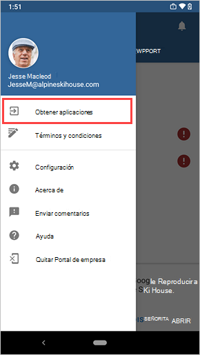 Cajón izquierdo de Portal de empresa de la imagen de ejemplo, resaltando el elemento de menú Obtener aplicaciones.