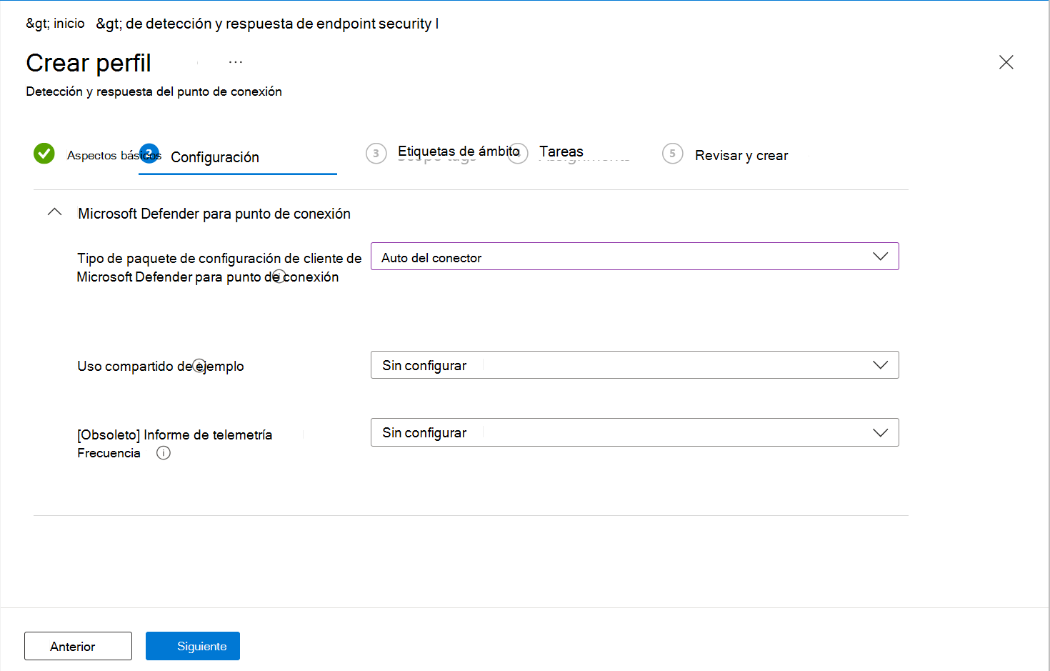 Captura de pantalla de las opciones de configuración para Detección y respuesta de puntos de conexión.