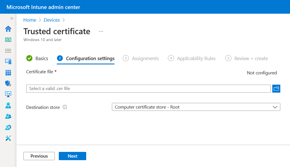 Crear un perfil y cargar un certificado de confianza