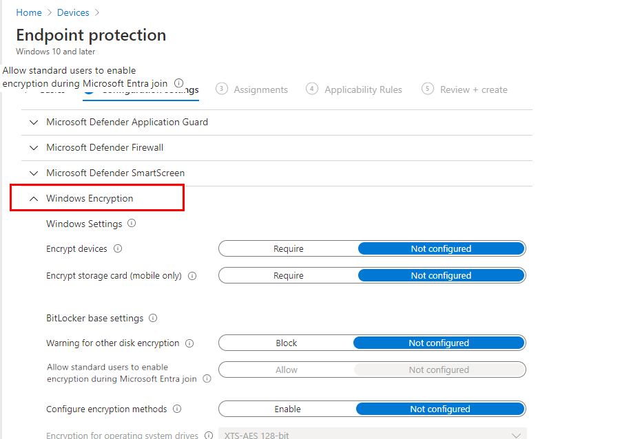 Selección de la configuración de cifrado de Windows