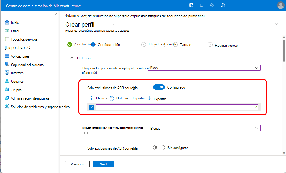 Captura de pantalla de la configuración Solo ASR \Por exclusiones de reglas.