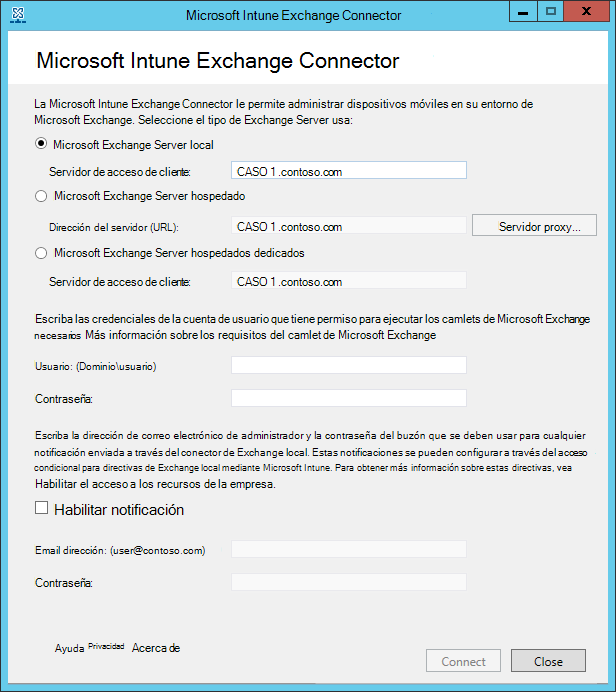 Imagen que muestra dónde debe elegir el tipo de Exchange Server