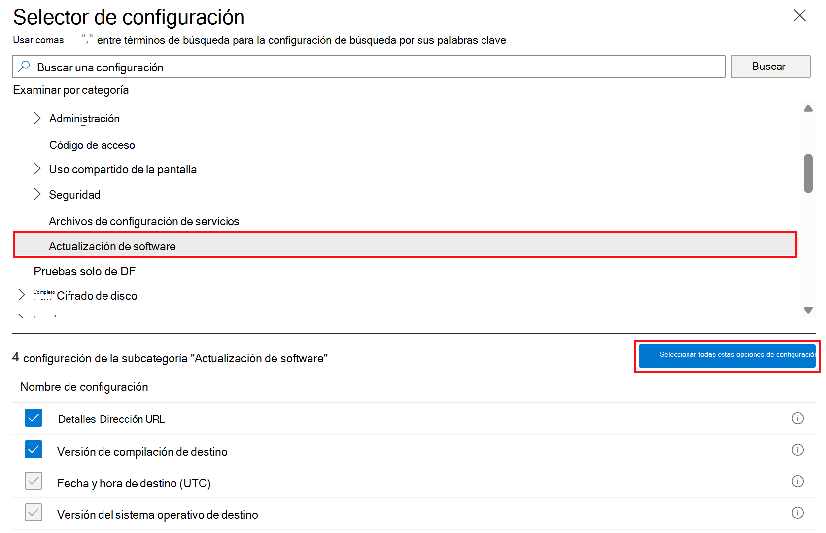 Captura de pantalla que muestra la configuración de actualización de software del catálogo de configuración para dispositivos Apple en Microsoft Intune.