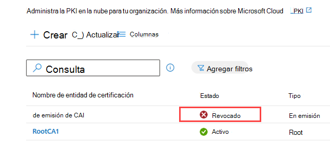 Captura de pantalla de ejemplo de la lista de entidades de certificación, en la que se resalta el estado revocado.