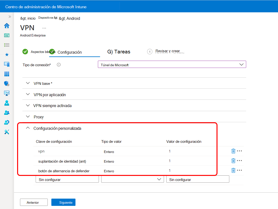 Configuración de opciones personalizadas en el perfil de VPN para Microsoft Defender para punto de conexión