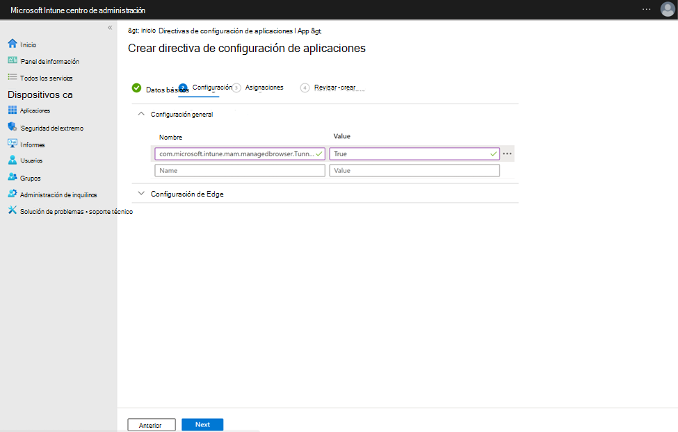 Imagen que muestra la clave y el valor de configuración del conmutador de identidad para MAM Tunnel en dispositivos Android no administrados en Microsoft Intune.