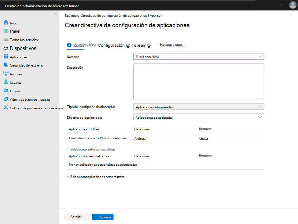 Captura de pantalla de la configuración de una directiva de configuración de aplicaciones con Microsoft Defender punto de conexión como una aplicación pública.