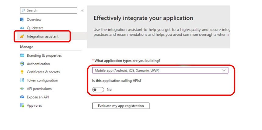 Use el asistente de integración de registro de aplicaciones para comprobar la configuración.