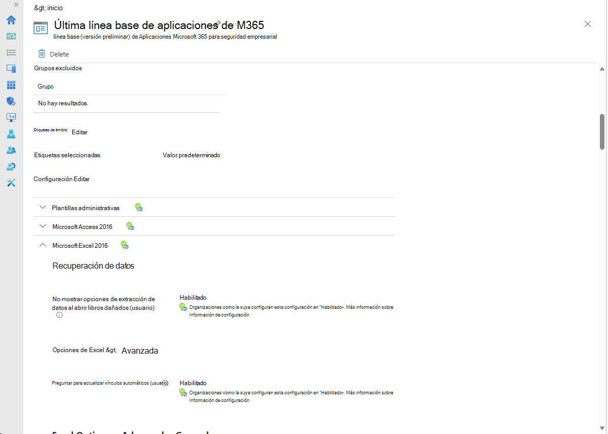 Vea la configuración de líneas base, donde puede editar para realizar cambios.