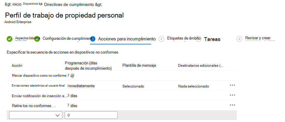 Captura de pantalla que muestra una directiva de cumplimiento con acciones para el incumplimiento en el centro de administración de Microsoft Intune.