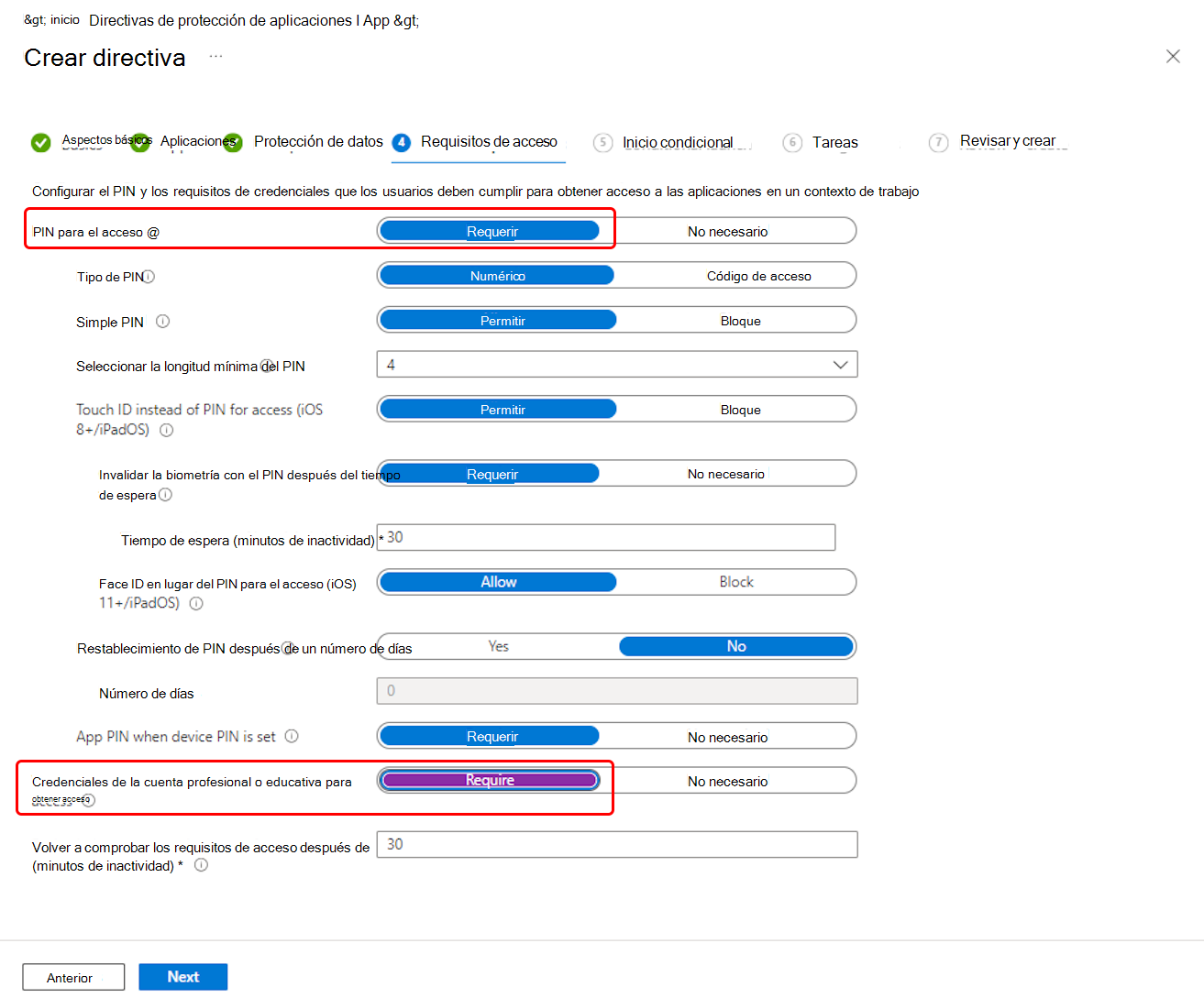 Selección de las acciones de acceso de la directiva de protección de aplicaciones de Outlook.