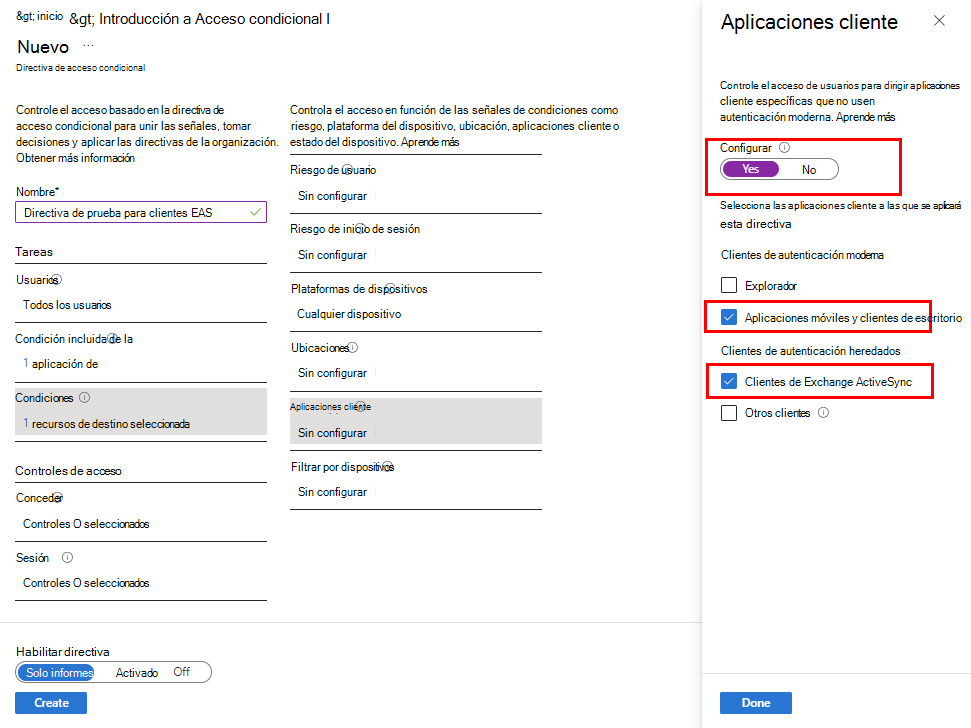 Configure las aplicaciones cliente para la categoría Condiciones.