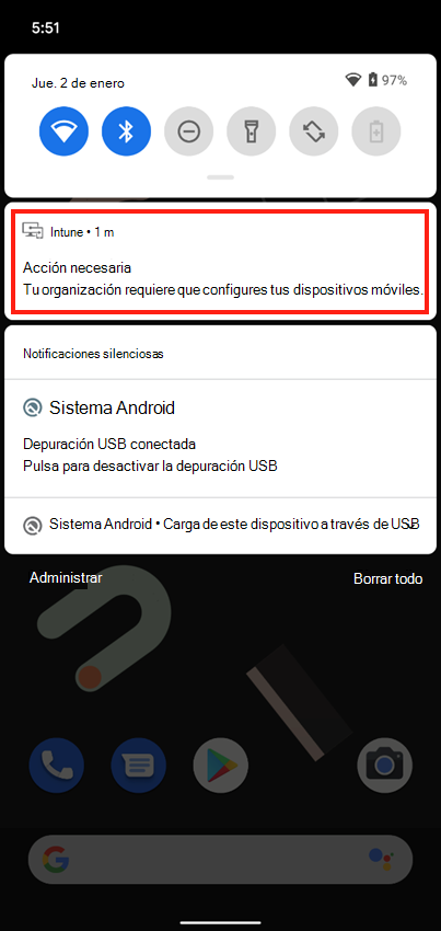 Captura de pantalla de la notificación push de la aplicación Intune en la pantalla principal del dispositivo.