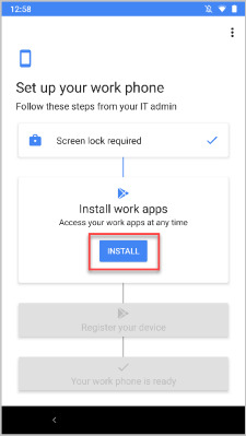 Imagen de ejemplo de Configuración de la pantalla del teléfono de trabajo, resaltando el botón Instalar.