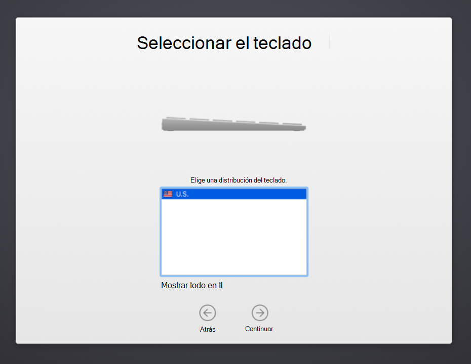 Captura de pantalla de la pantalla diseño de teclado del Asistente para la configuración del dispositivo macOS, en la que se muestra una lista de idiomas de teclado entre los que seleccionar, una opción Mostrar todo desactivada y un botón Atrás y Continuar.