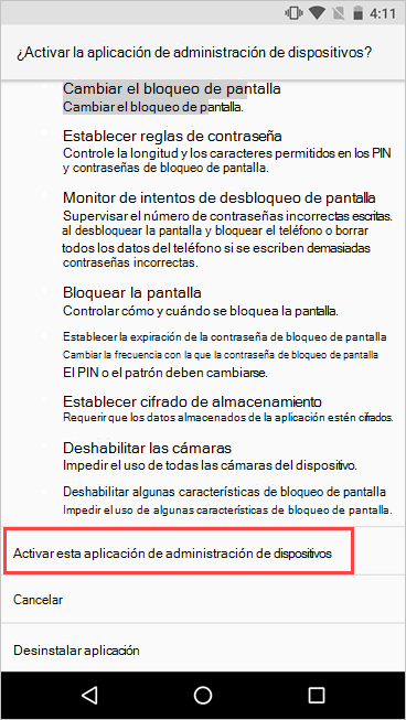 Captura de pantalla de la pantalla Activar administrador de dispositivos, resaltando el botón activar.