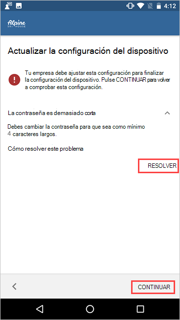 Captura de pantalla de Portal de empresa, Actualizar la configuración del dispositivo, resaltando los botones Resolver y Continuar.