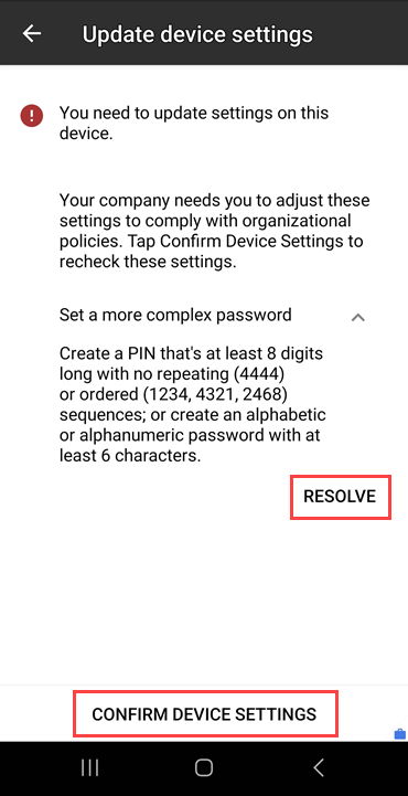 Captura de pantalla de la pantalla Actualizar configuración del dispositivo de Portal de empresa que resalta el botón RESOLVER y el botón CONFIRMAR CONFIGURACIÓN DEL DISPOSITIVO.