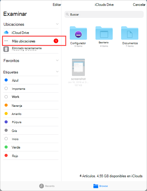 Captura de pantalla de ejemplo de iCloud Drive, menú Examinar que resalta la opción Más ubicaciones.