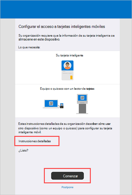 Captura de pantalla de ejemplo de la pantalla de acceso Portal de empresa Configurar tarjeta inteligente móvil.