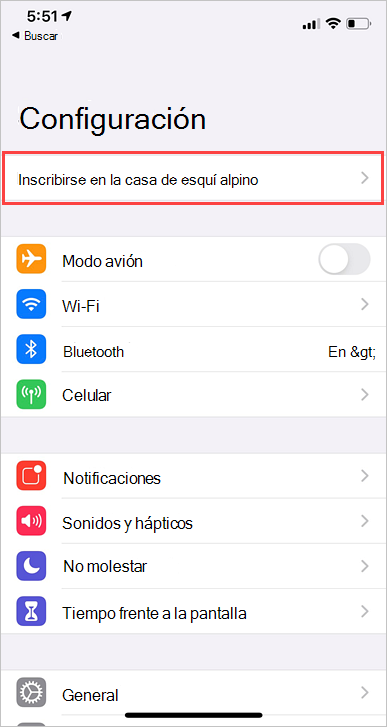 Captura de pantalla de ejemplo de la aplicación Configuración, opción Inscribir en la organización.