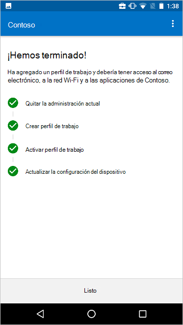 En la pantalla Mover a la nueva configuración de administración de dispositivos, se muestra que se han completado todos los pasos.