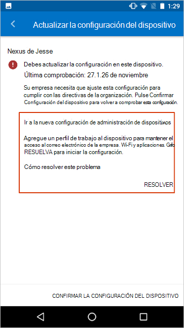 En la pantalla Actualizar configuración del dispositivo, se resalta el mensaje de configuración de la administración de dispositivos.